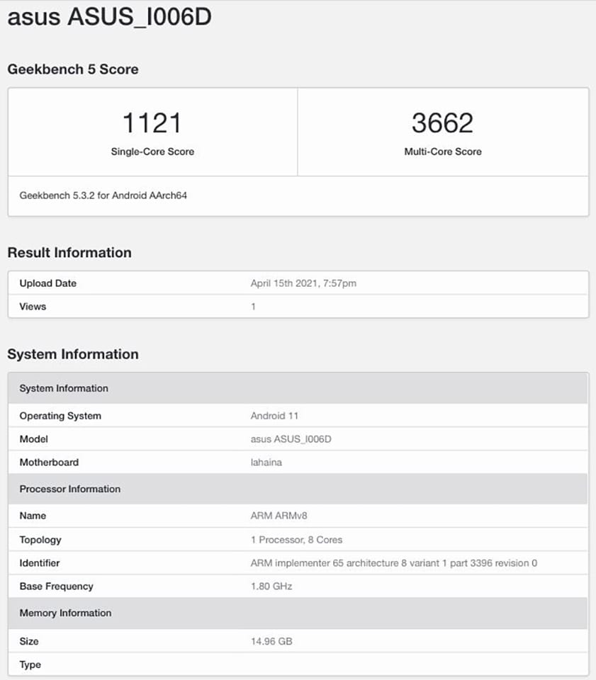 ZenFone 8 Mini điểm Geekbench