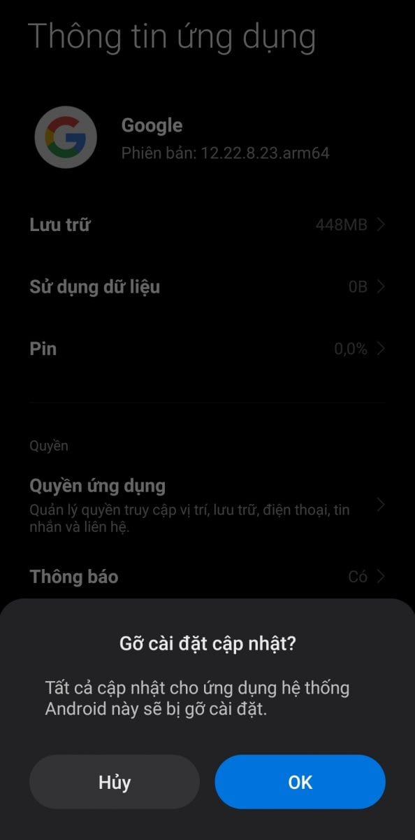 Gỡ cài đặt cập nhật Google