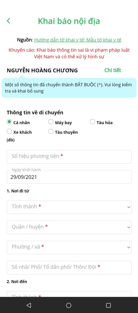 khai báo thông tin PC Covid