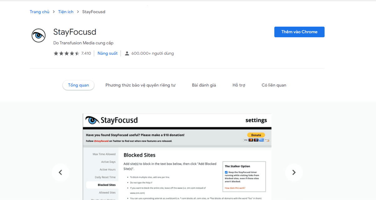 Tiện ích StayFocusd trên Chrome
