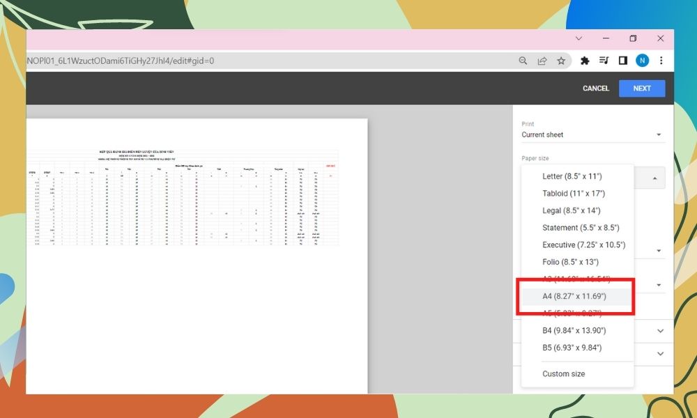 Cách in file Google Sheets vừa trang giấy A4