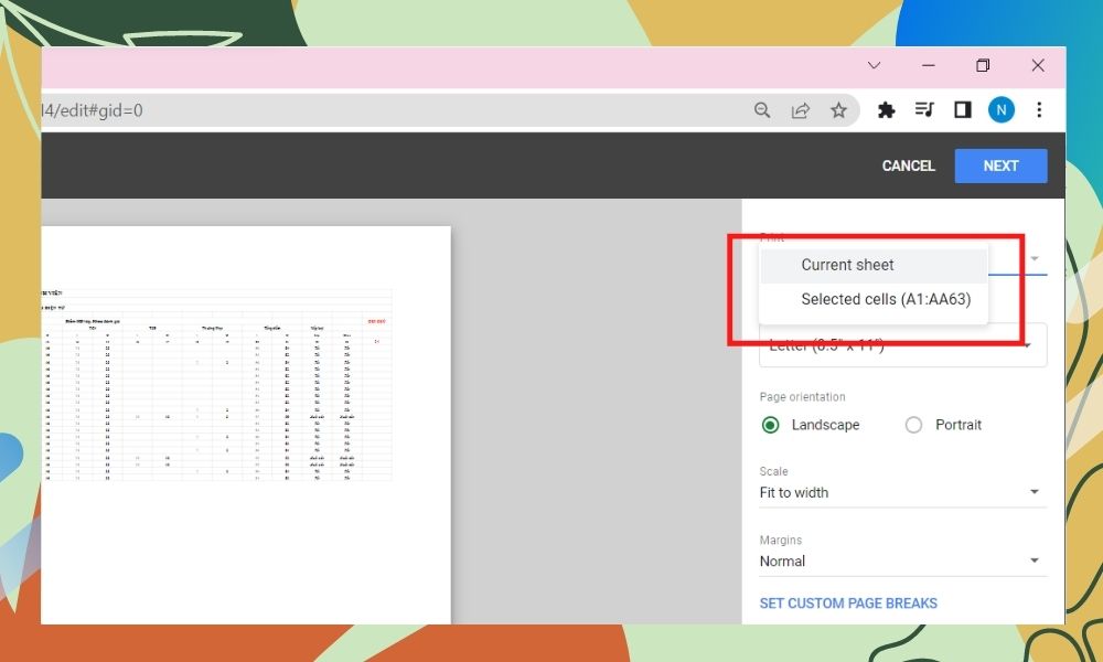 Cách in file Google Sheets vừa trang giấy A4