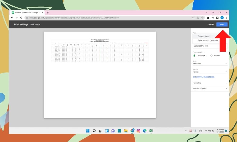 Cách in file Google Sheets vừa trang giấy A4