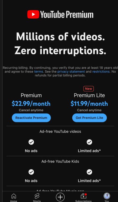 YouTube Premium Lite