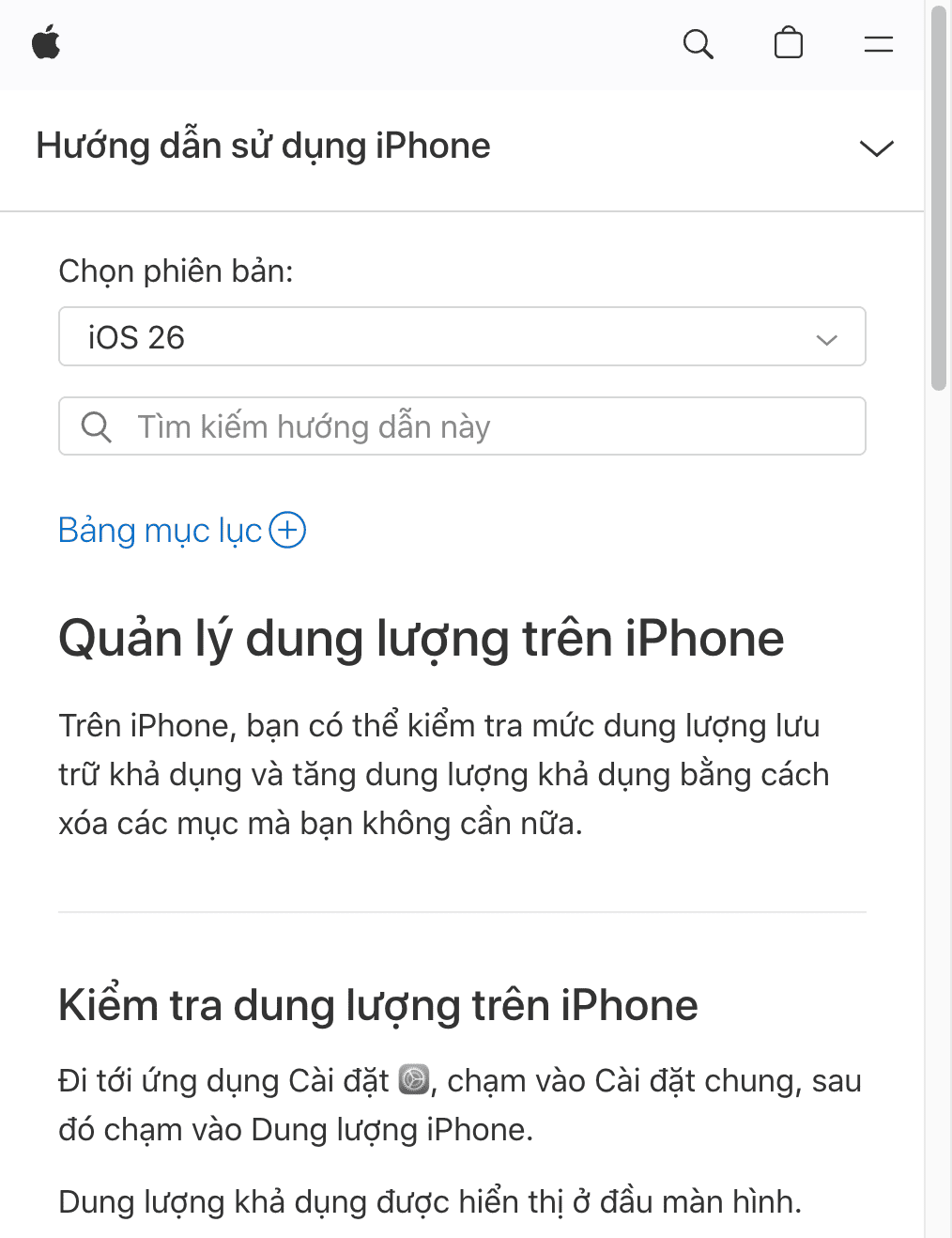 Ảnh chụp màn hình trang Apple Support về quản lý dung lượng iPhone