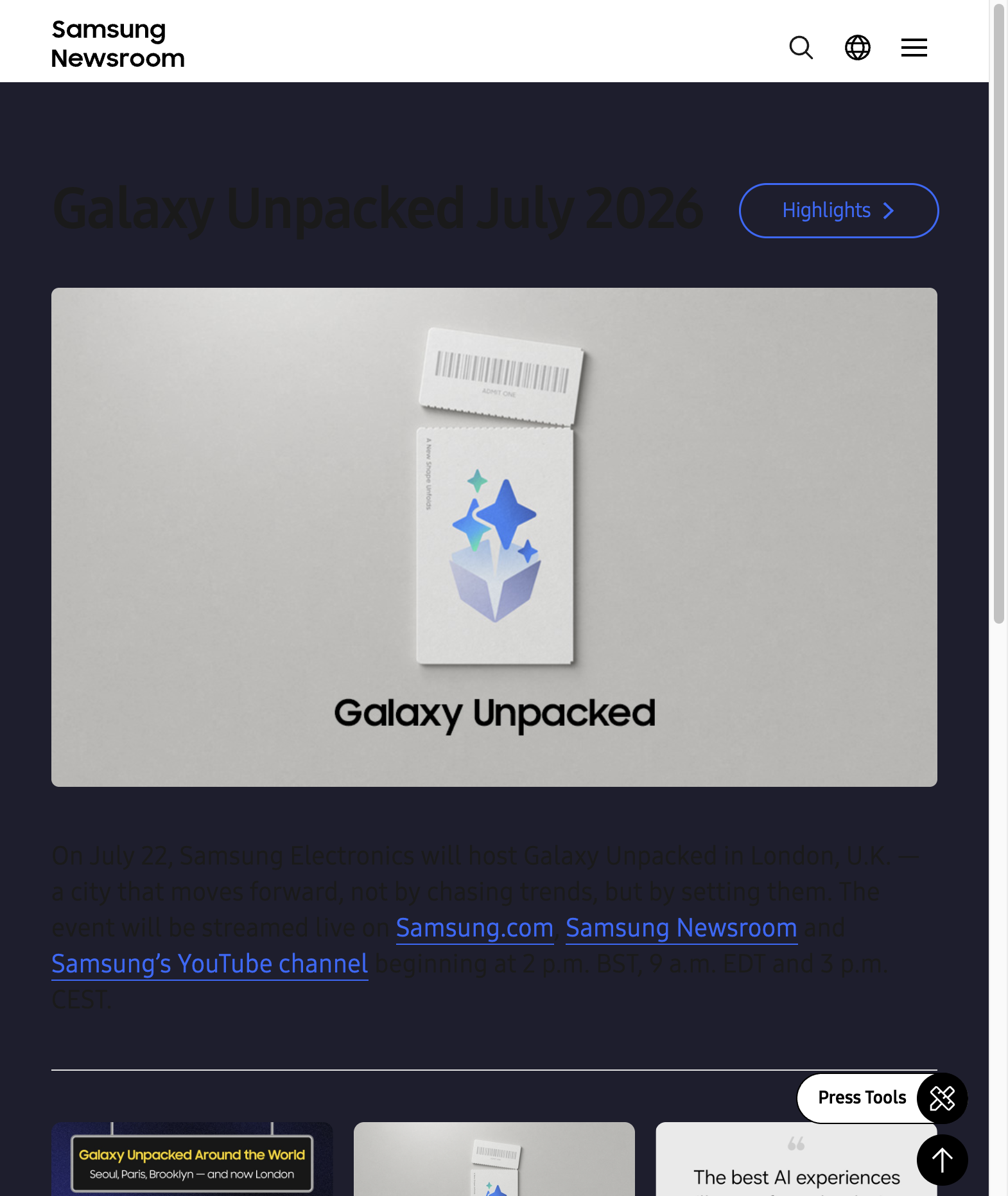 Trang Galaxy Unpacked July 2026 trên Samsung Newsroom