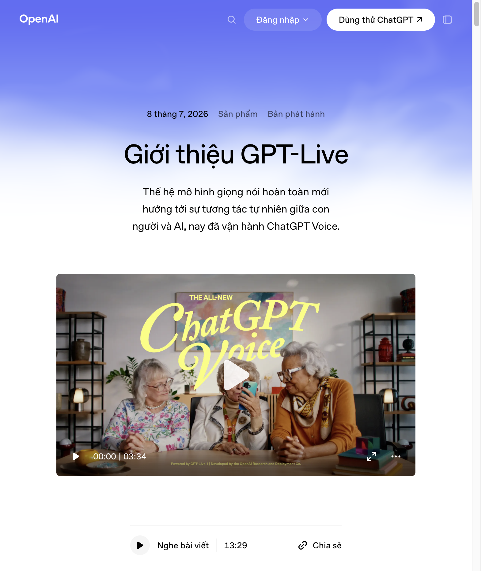Trang giới thiệu GPT-Live trên OpenAI