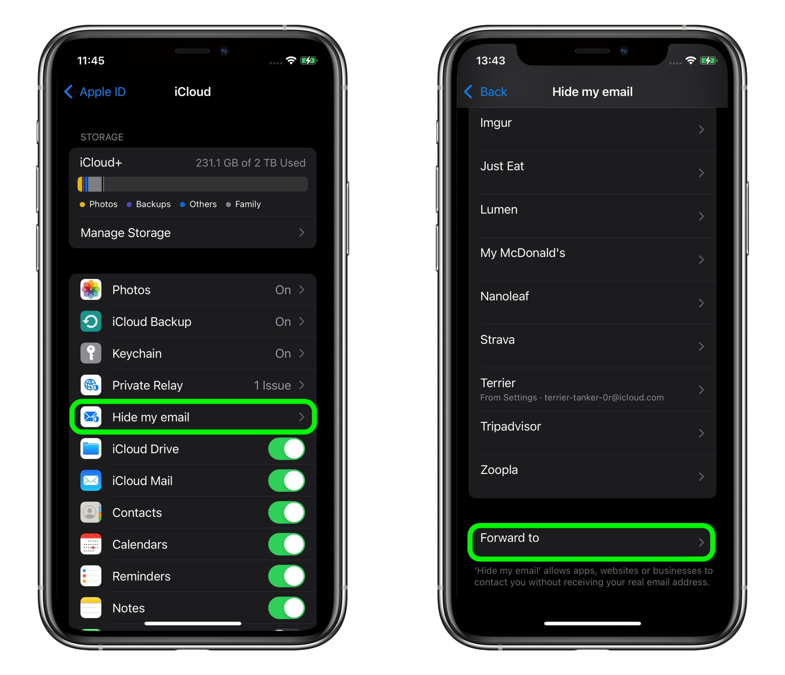 Xem địa chỉ chuyển tiếp của Hide My Email. Ảnh: MacRumors