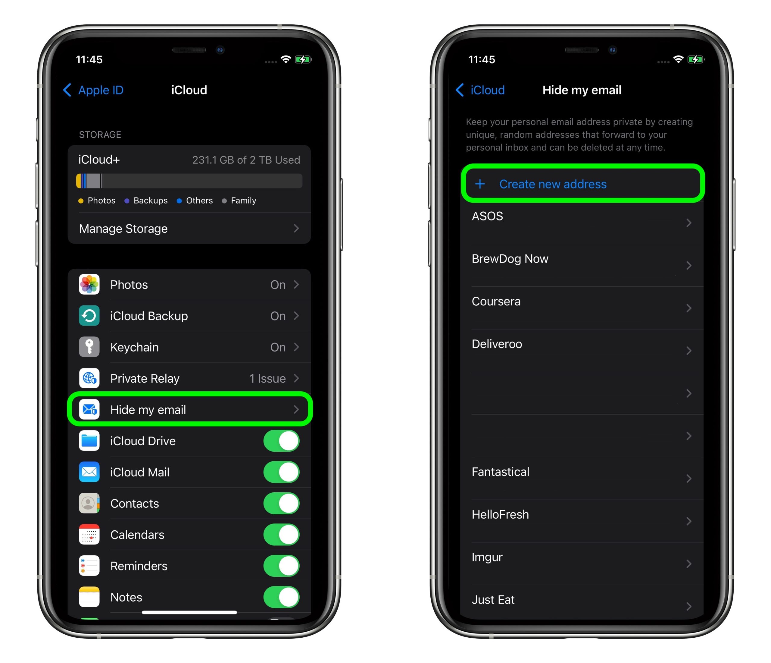 Mở phần quản lý Hide My Email trên iPhone. Ảnh: MacRumors