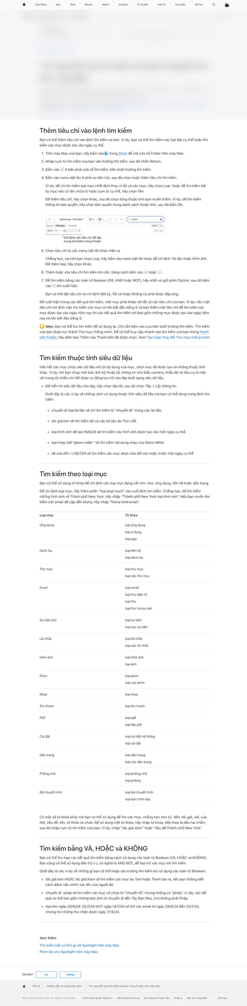 Finder hỗ trợ tìm kiếm chi tiết bằng từ khóa như kind: và các bộ lọc khác. Ảnh: Apple Support