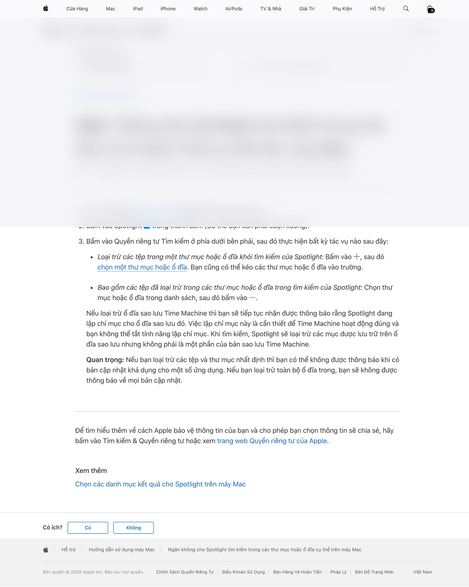 Search Privacy cho phép loại trừ thư mục hoặc ổ đĩa khỏi Spotlight. Ảnh: Apple Support