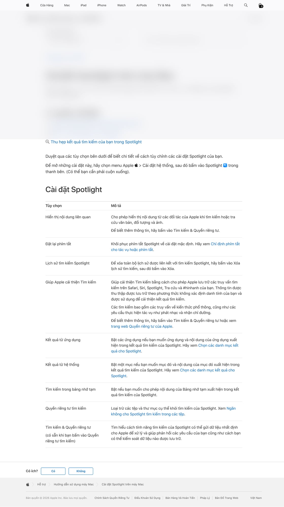 Spotlight Settings trên macOS cho phép chỉnh nhóm kết quả và Search Privacy. Ảnh: Apple Support