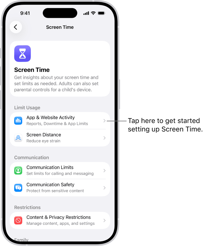 Màn hình thiết lập Screen Time trên iPhone theo hướng dẫn Apple