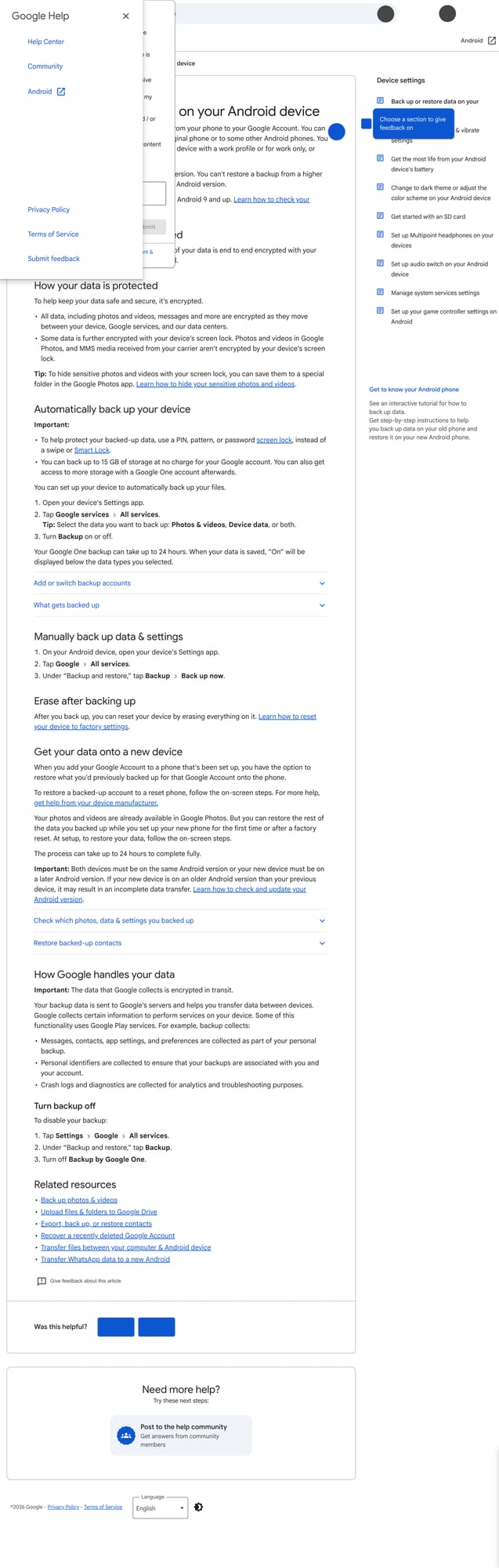 Ảnh: trang Android Help của Google hướng dẫn cách bật backup trên Android và cho thấy đây là phần dữ liệu gắn trực tiếp với Google Account của người dùng.