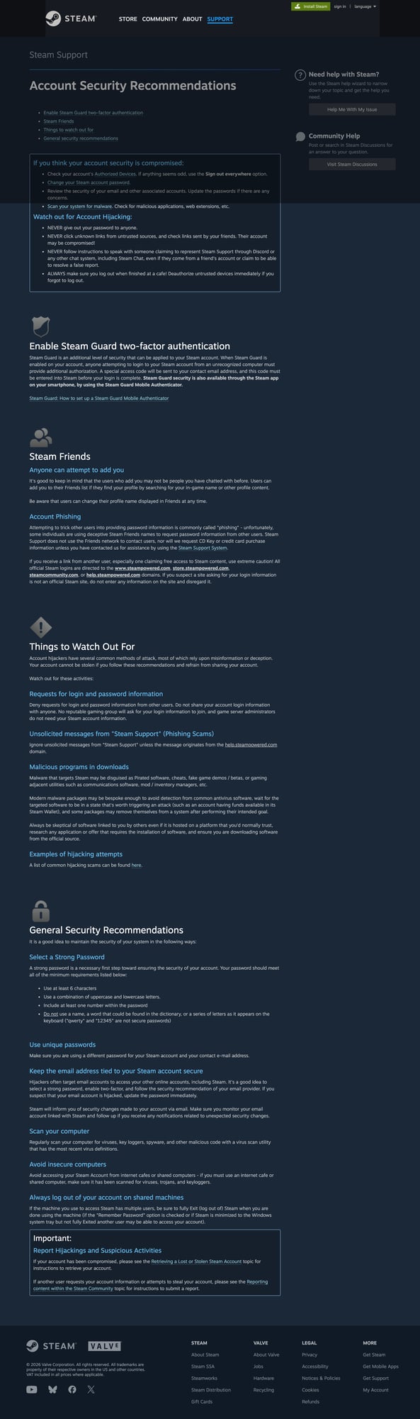 Ảnh: trang Steam Support về khuyến nghị bảo mật tài khoản.