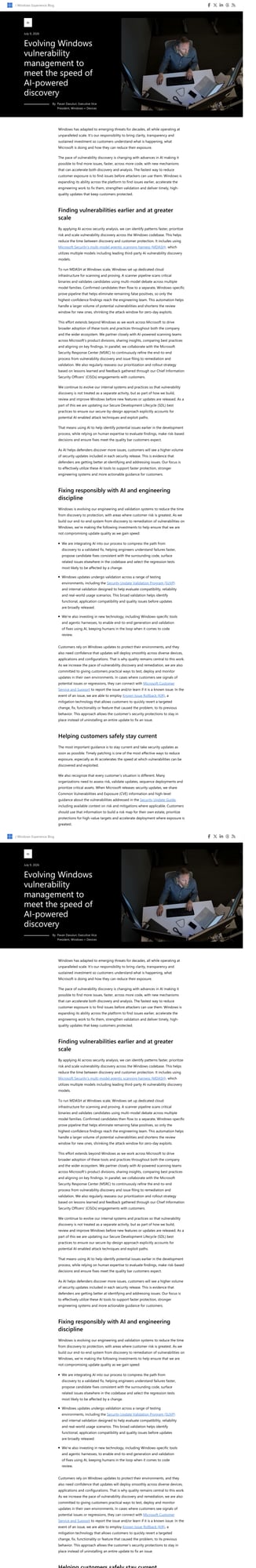 Ảnh: bài viết chính thức trên Windows Experience Blog nói về cách Microsoft tăng tốc phát hiện lỗ hổng trên Windows.