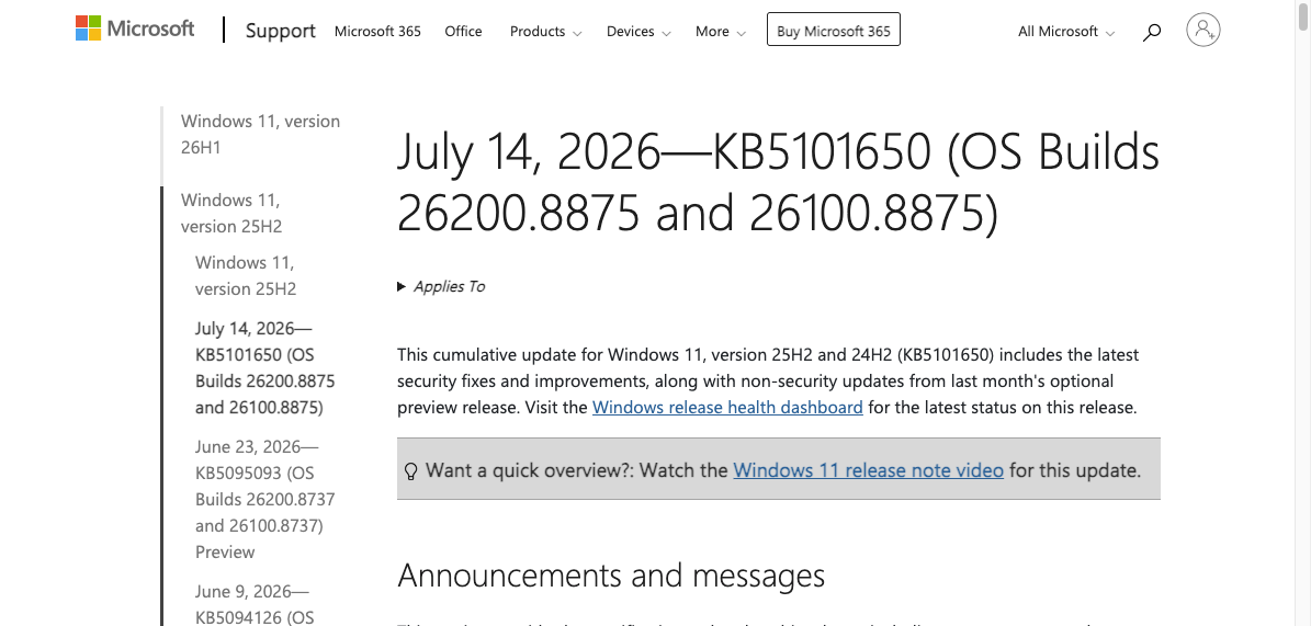 Ảnh: trang hỗ trợ chính thức của Microsoft cho KB5101650 trên Windows 11 24H2 và 25H2.