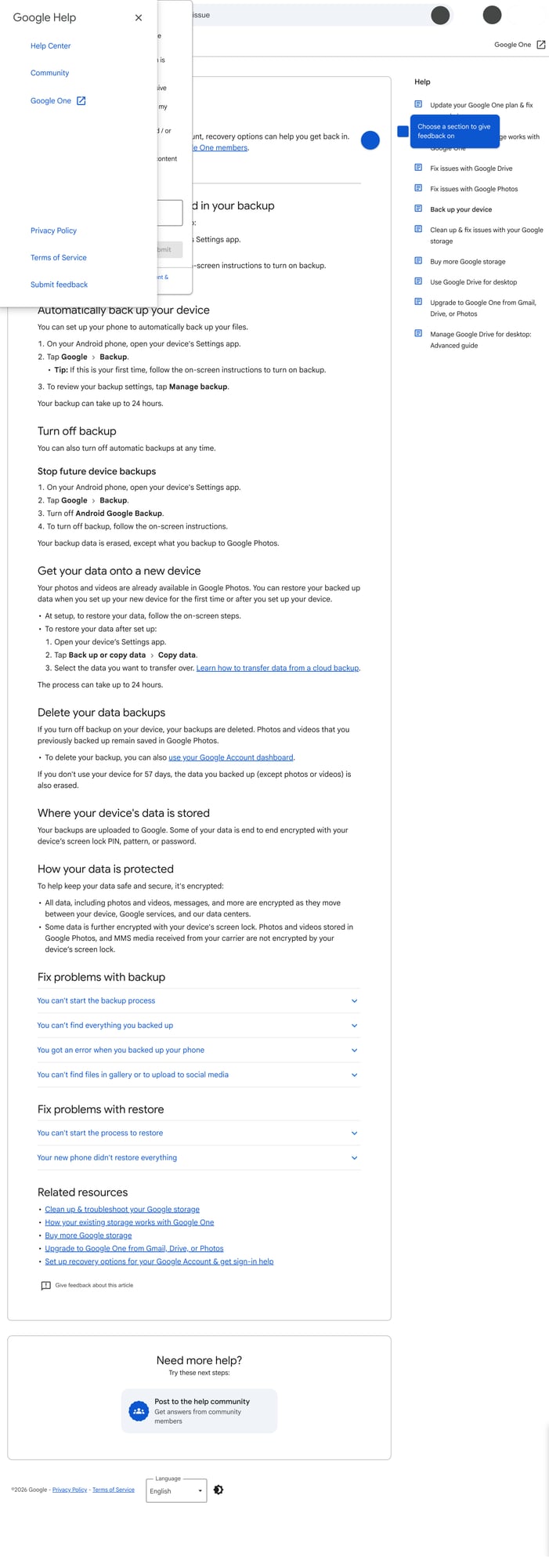 Ảnh: trang Google One Help cho thấy người dùng có thể vào phần Manage backup settings để xem và điều chỉnh sao lưu thiết bị.