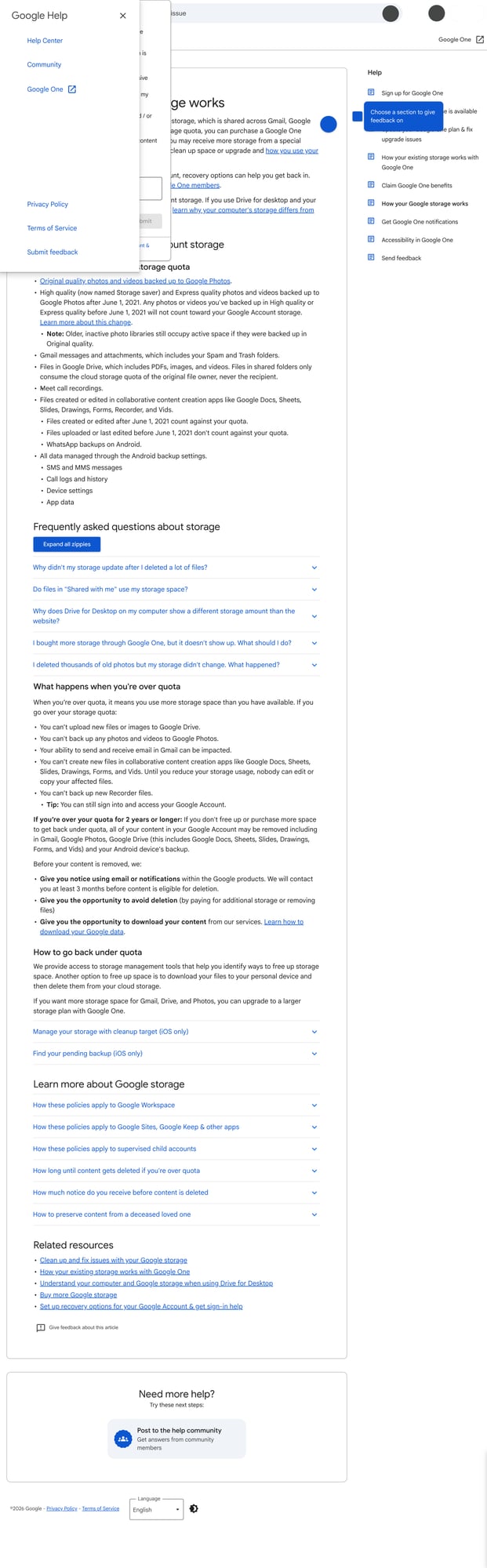 Ảnh: trang Google One Help giải thích Google Account storage được dùng chung cho Gmail, Drive, Photos và các dữ liệu quản lý qua backup Android.