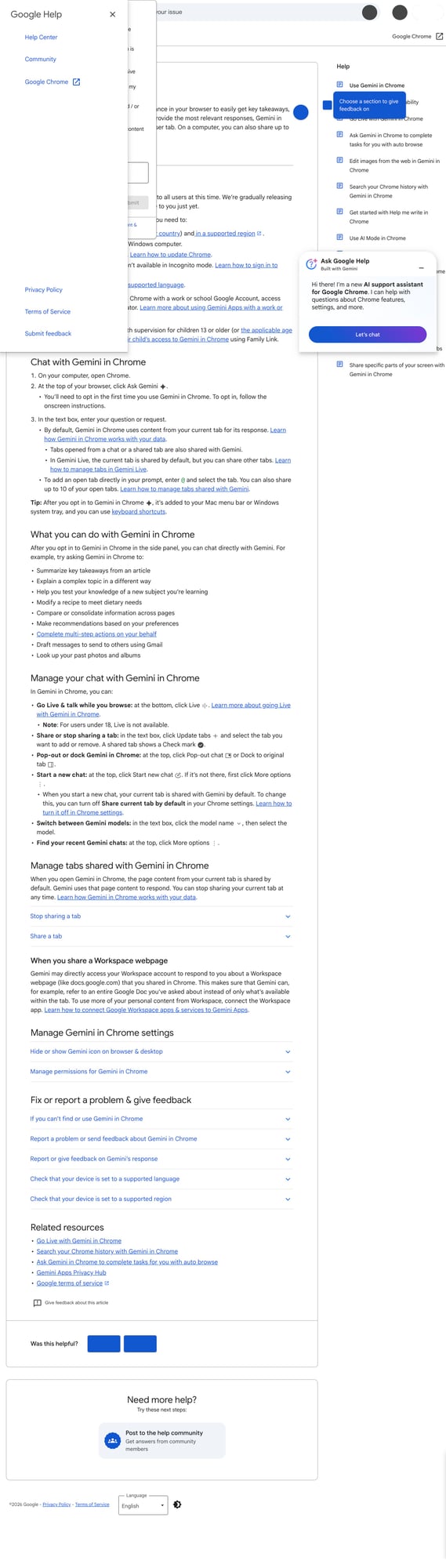 Ảnh: screenshot từ Google Chrome Help về các thiết lập quyền của Gemini in Chrome.