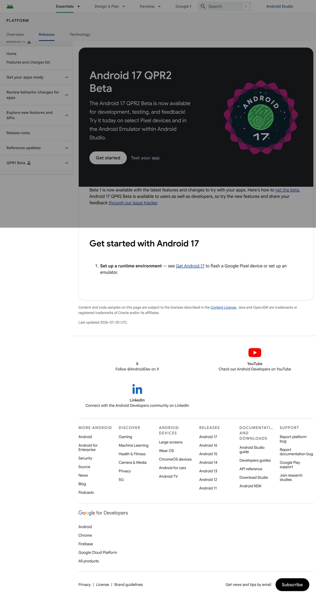 Ảnh: trang Android Developers cho Android 17 QPR2 Beta hiện là dấu mốc cho thấy Pixel 6 không còn đi cùng các nhánh beta mới.