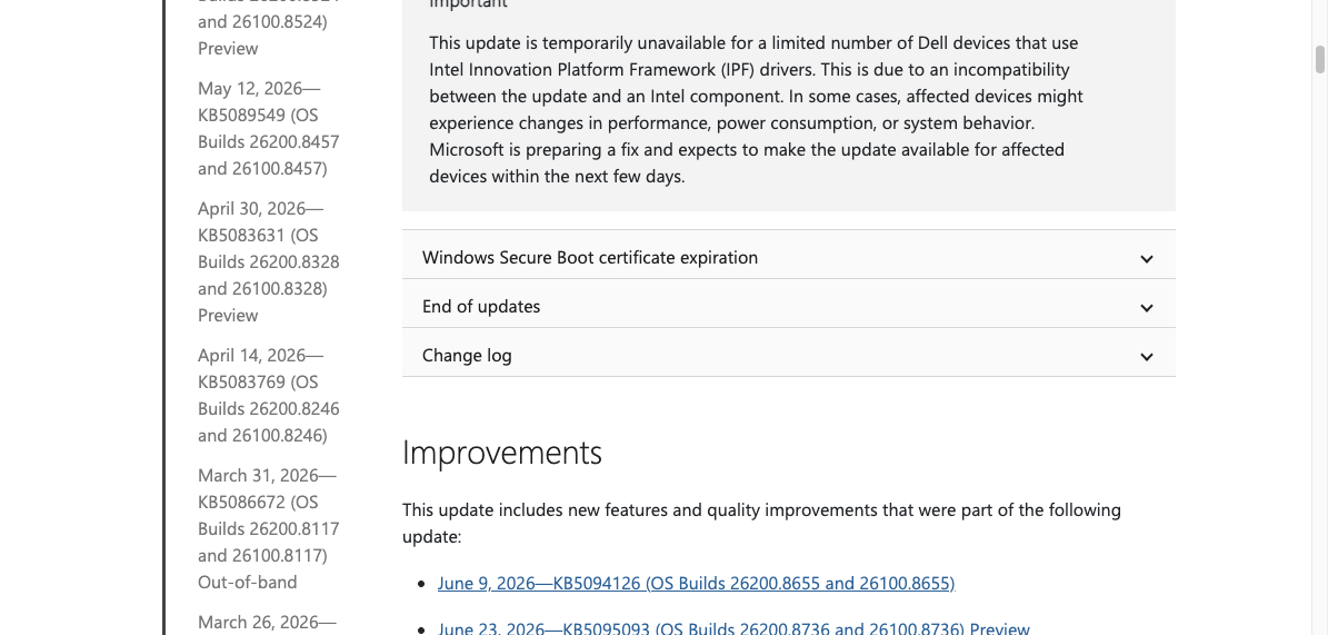 Ảnh: ghi chú chính thức của Microsoft về việc giữ bản cập nhật tạm thời cho một số máy Dell dùng Intel IPF.