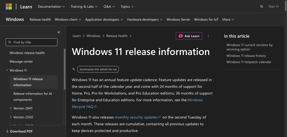 Ảnh: trang Windows 11 release information của Microsoft Learn, nơi Microsoft ghi rõ nhịp cập nhật bảo mật hàng tháng của Windows 11.