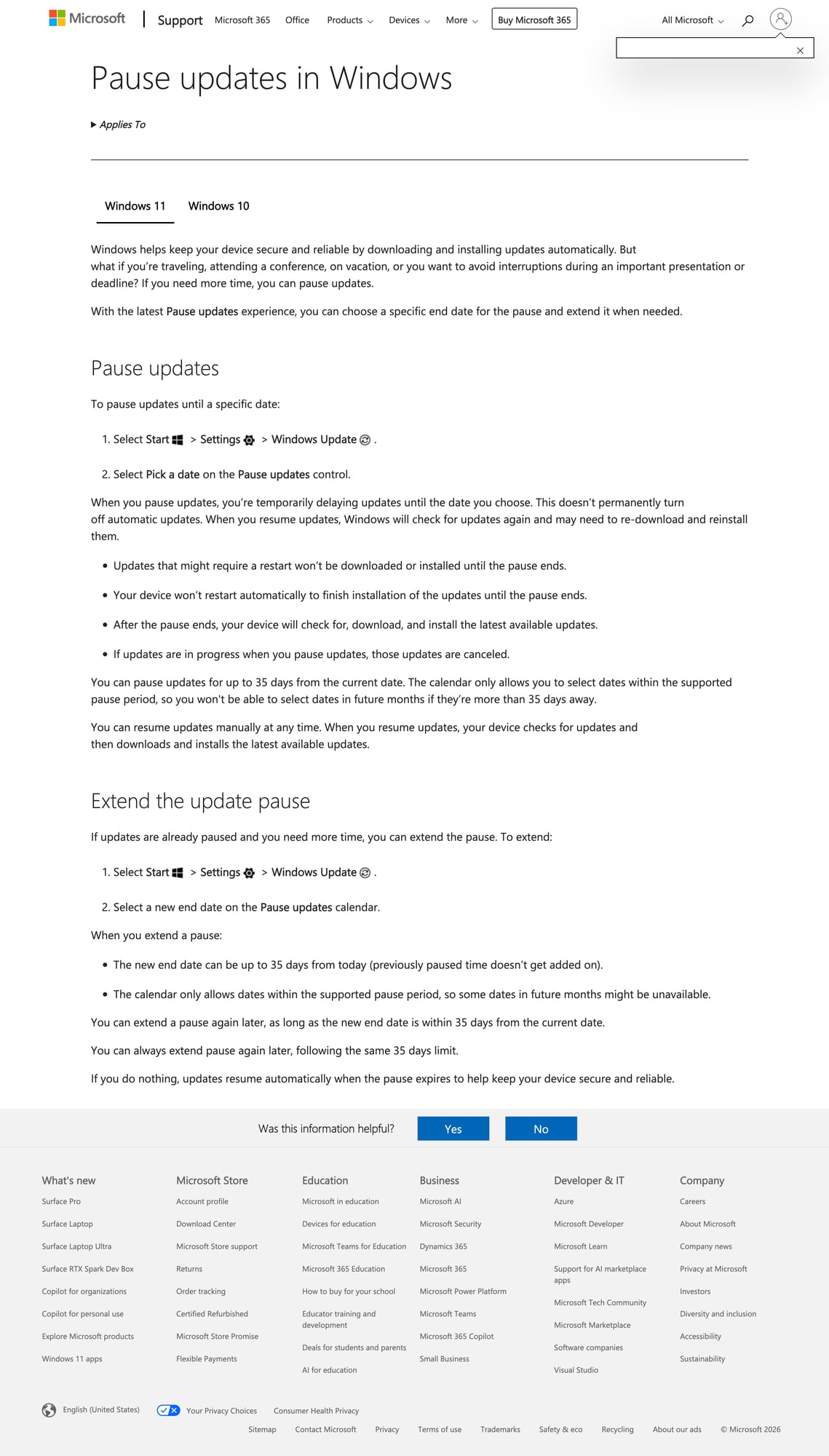 Ảnh: hướng dẫn chính thức của Microsoft về cách tạm hoãn cập nhật trong Windows khi người dùng thực sự cần tránh gián đoạn.