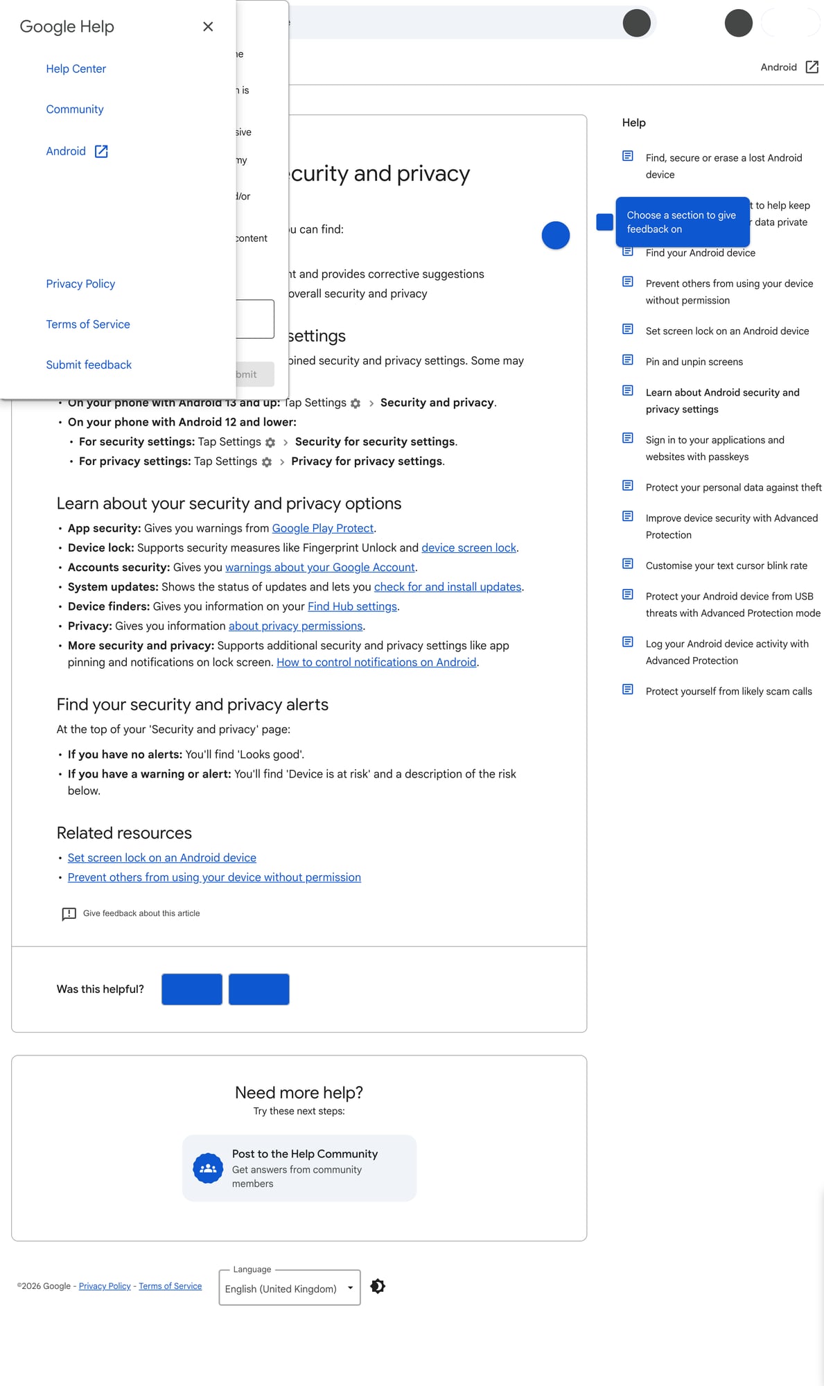 Ảnh: trang tổng quan Security & privacy trong Android Help, nơi Google gom các cảnh báo về Play Protect, khóa máy, Find Hub và quyền riêng tư.