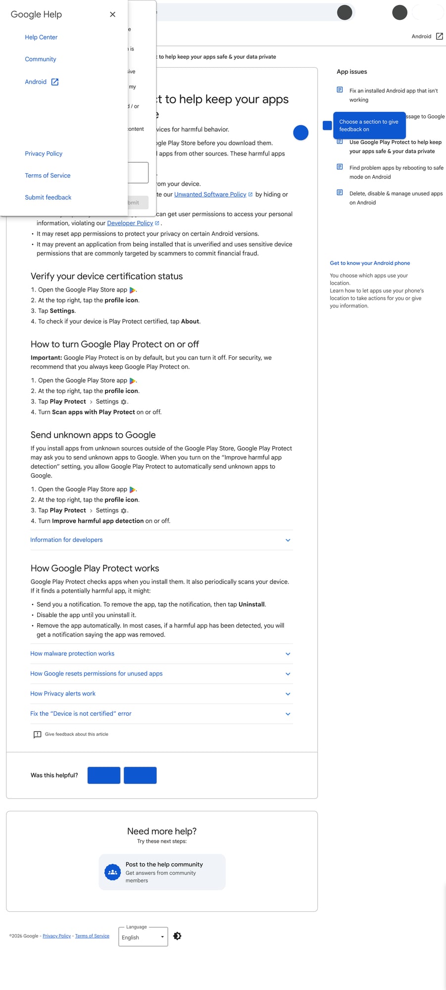 Ảnh: trang Android Help về Google Play Protect, mô tả khả năng quét app từ Play Store lẫn nguồn ngoài và cảnh báo app có hại.