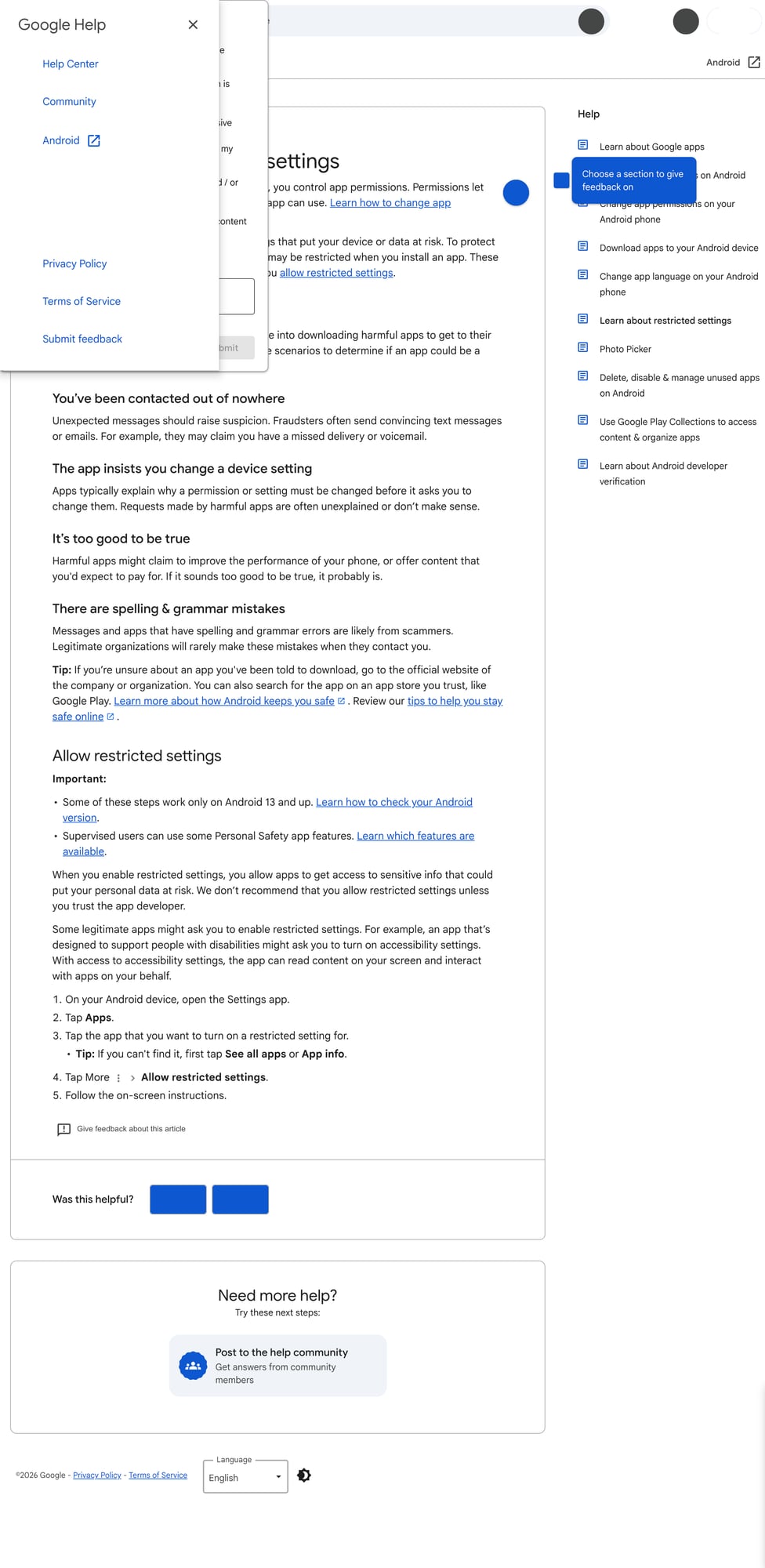 Ảnh: Android Help giải thích Restricted settings chỉ nên được cho phép khi người dùng thật sự tin app và hiểu quyền nhạy cảm mà app đang xin.