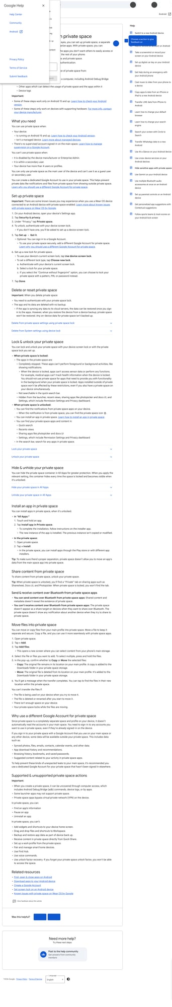 Ảnh: Android Help về Private space, nơi Android 15 cho phép tạo một không gian riêng có khóa riêng để ẩn và tách app khỏi không gian chính.