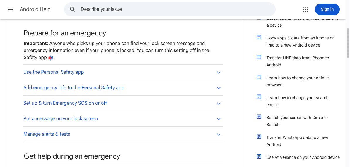 Ảnh: mục Prepare for an emergency trên Android Help, nơi Google gom các phần Personal Safety, Emergency SOS, tin nhắn màn hình khóa và quản lý cảnh báo.