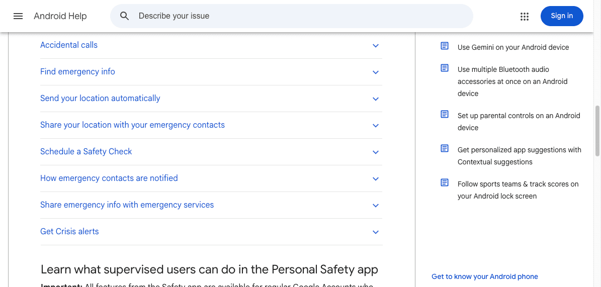 Ảnh: phần Android Help liệt kê các hành động khẩn cấp như tìm emergency info, gửi vị trí tự động, chia sẻ vị trí với emergency contacts và Safety Check.