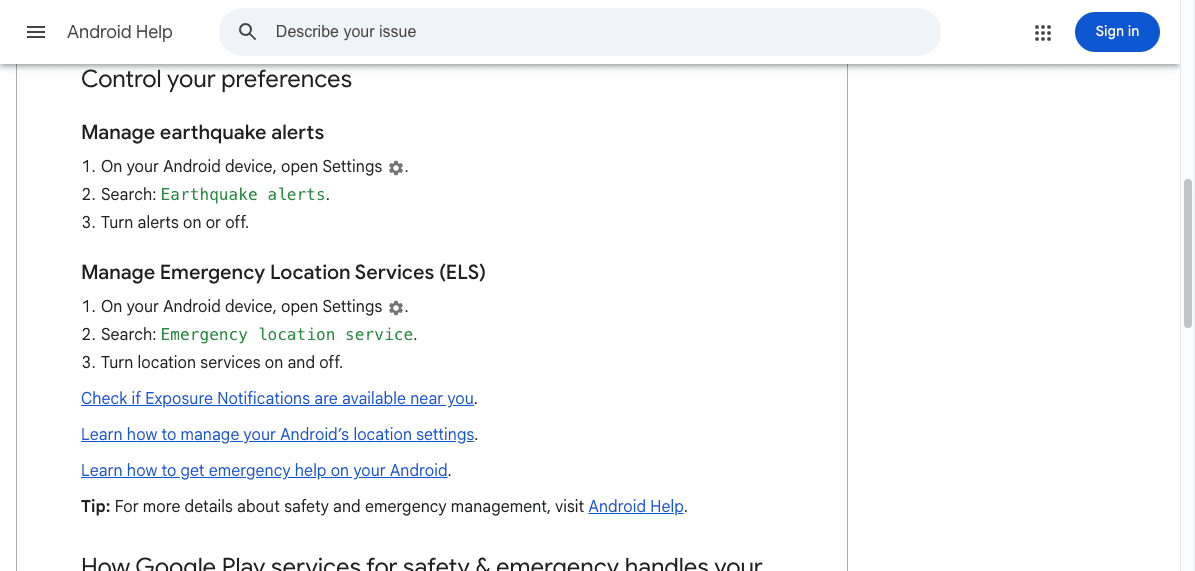 Ảnh: Android Help hướng dẫn quản lý Earthquake alerts và Emergency Location Service trong Settings.
