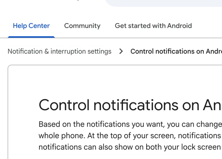 Ảnh: trang Android Help về Control notifications on Android, nơi Google gom các nhóm cài đặt thông báo, lock screen và mức độ gián đoạn.