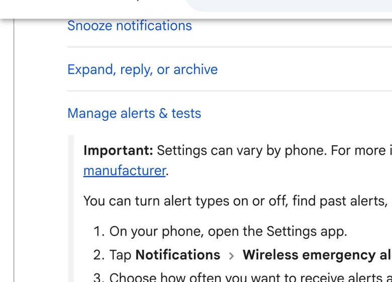 Ảnh: Android Help hướng dẫn Manage alerts & tests và Notification cooldown để giảm bớt spam thông báo nhưng vẫn giữ ngoại lệ như cuộc gọi hay emergency alerts.