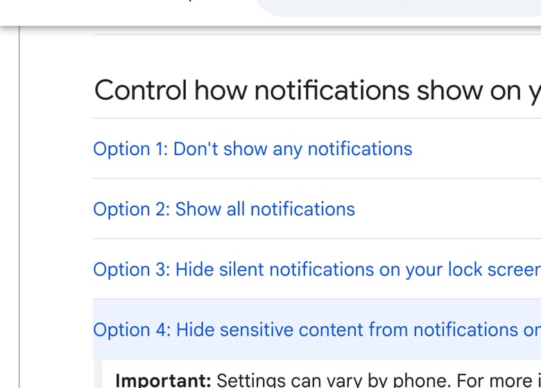 Ảnh: Android Help hướng dẫn các lựa chọn thông báo trên lock screen, bao gồm ẩn silent notifications và ẩn nội dung nhạy cảm.