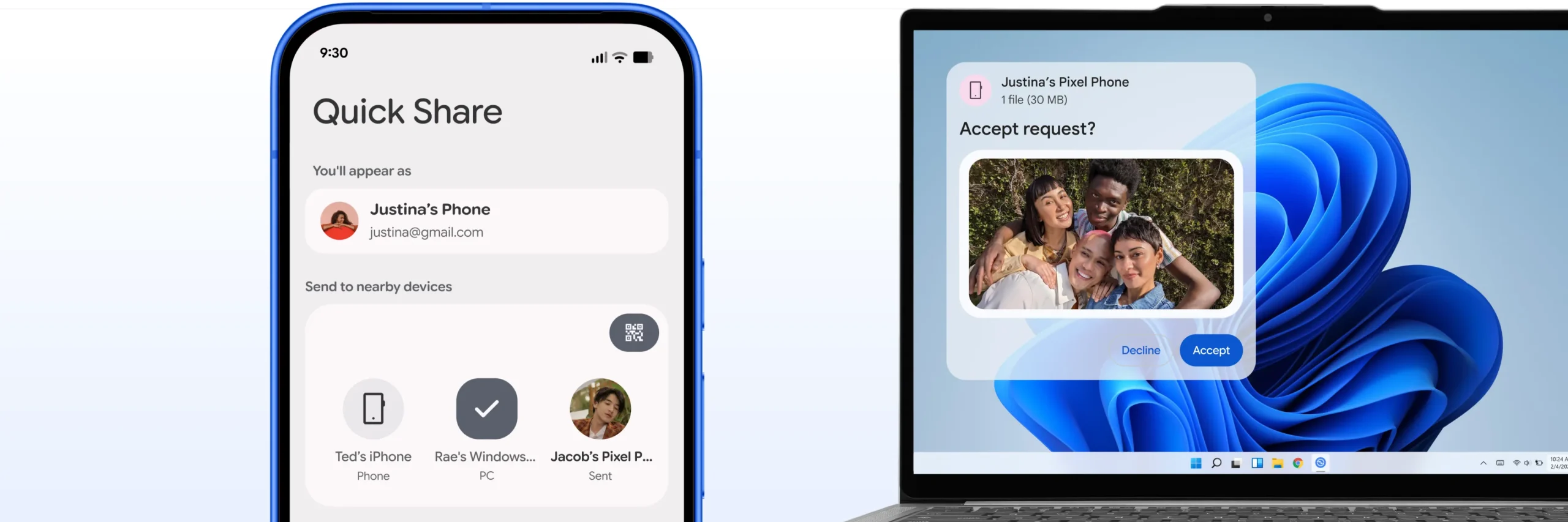 Ảnh: Android, hình minh hoạ chính thức cho Quick Share giữa thiết bị Android và Windows.