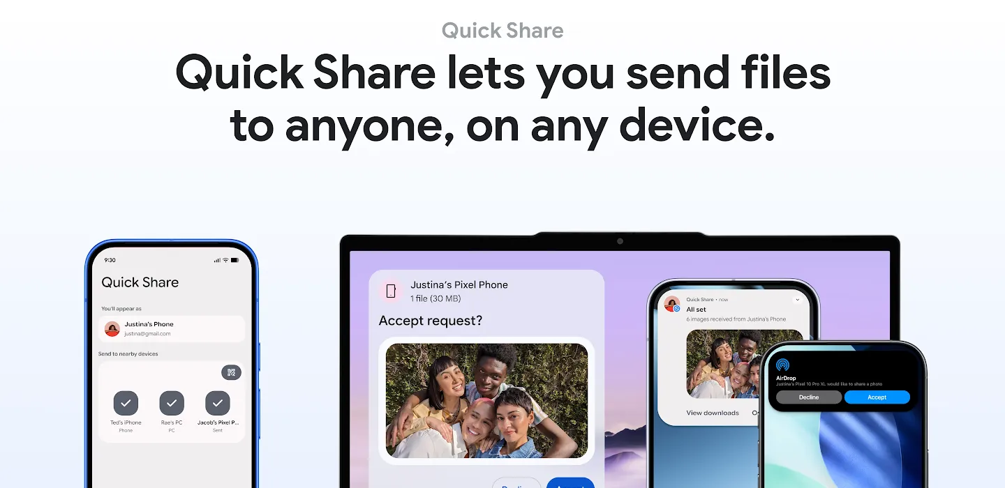 Ảnh: hình minh họa chính thức từ Android về Quick Share, tính năng chia sẻ file nhanh giữa các thiết bị gần nhau.