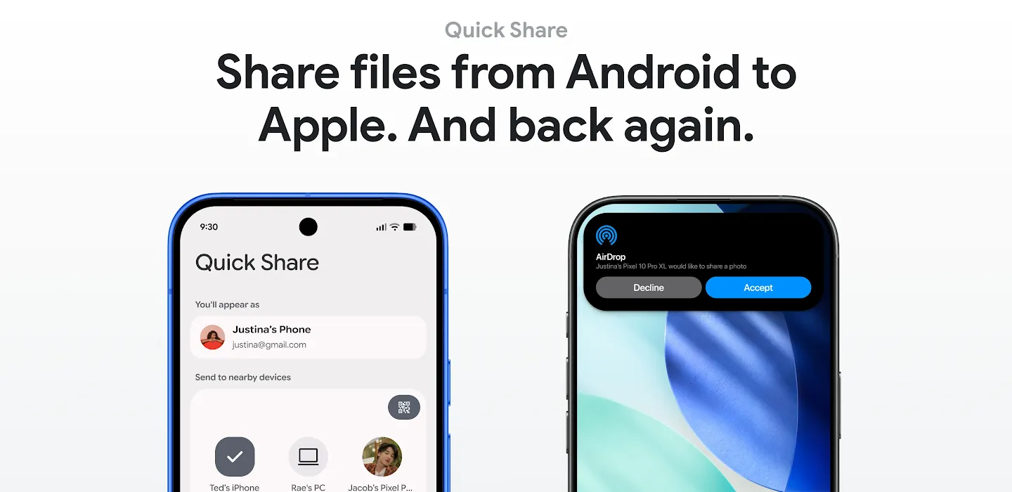 Ảnh: hình minh họa chính thức từ Android về Quick Share khi chia file giữa Android và iPhone.