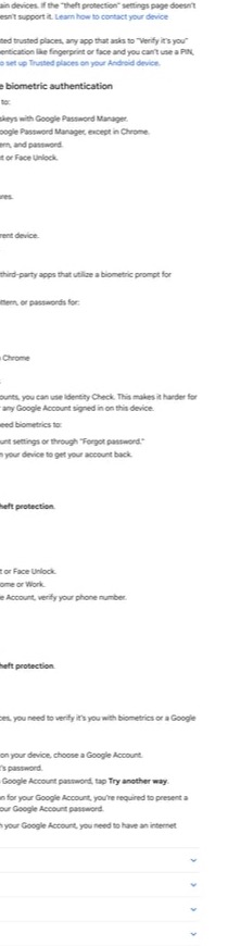 Ảnh: screenshot từ Android Help hướng dẫn vào Settings > Google > All services > Theft protection và các mục chính bên trong.
