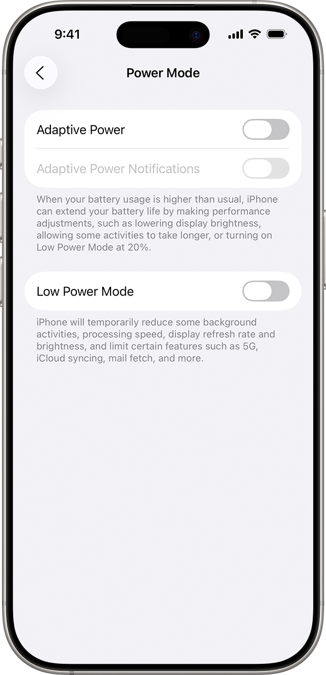 Mục Power Mode trên iPhone nơi có thể bật Adaptive Power nếu thiết bị hỗ trợ