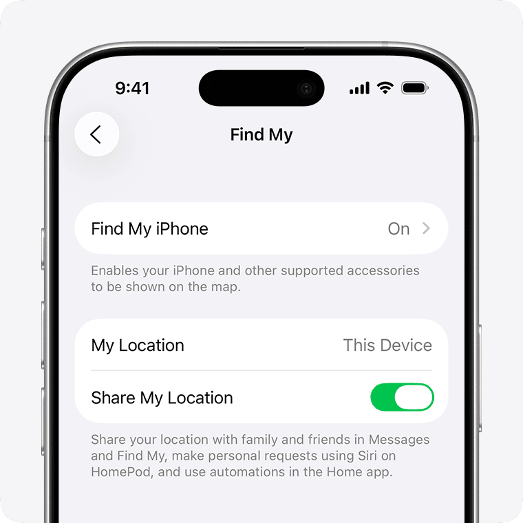 Mục Find My trong Settings là nơi bật Find My iPhone, Find My network và Send Last Location trên iPhone. Ảnh: Apple Support