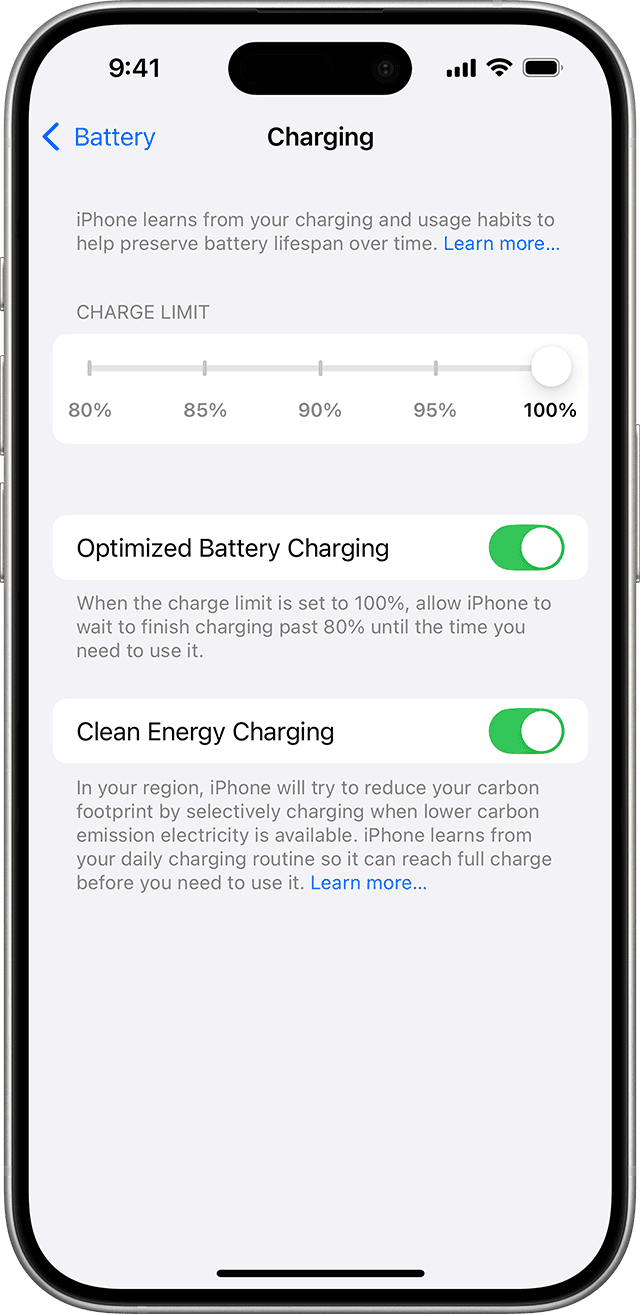 Mục Charging trên iPhone 15 trở lên cho phép chọn Charge Limit và dùng Optimized Battery Charging khi đặt ở 100%. Ảnh: Apple Support