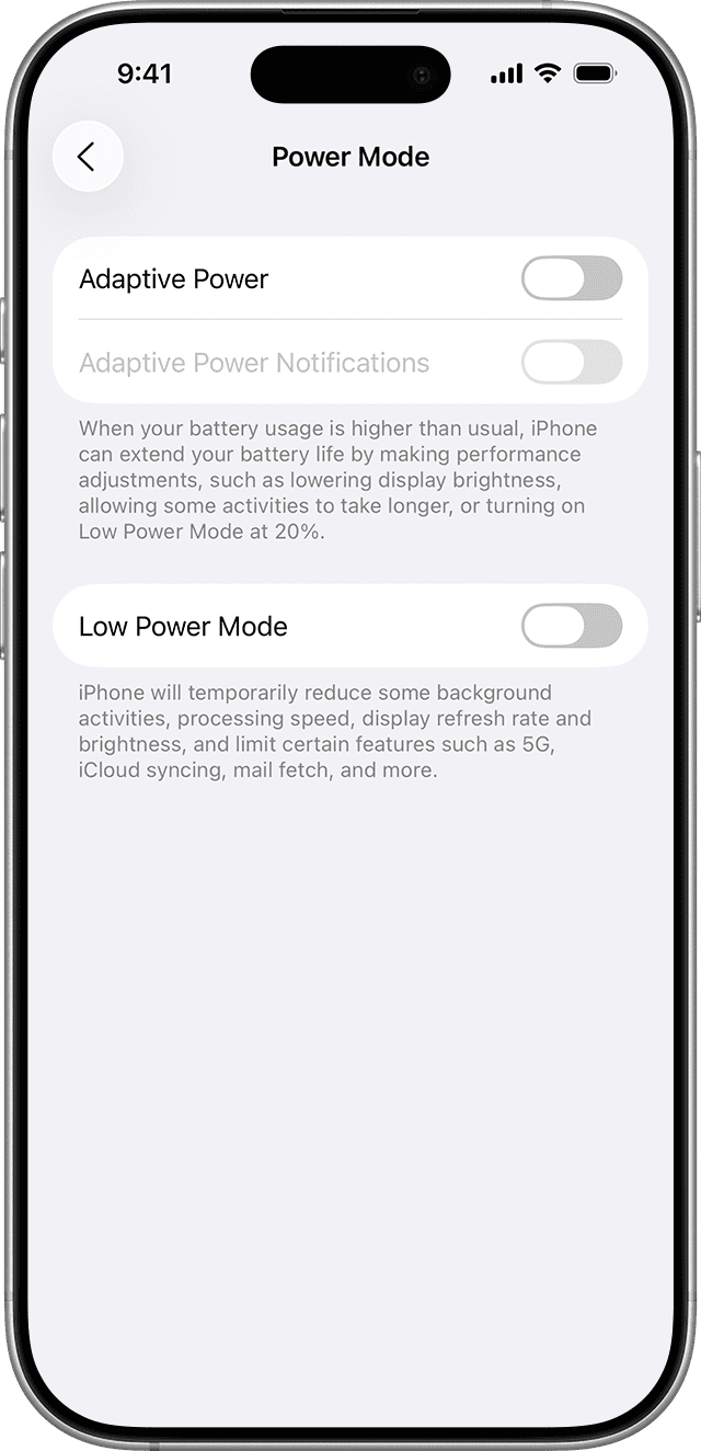 Mục Power Mode trên iPhone là nơi bật Low Power Mode và, trên một số mẫu máy hỗ trợ, có thêm Adaptive Power. Ảnh: Apple Support