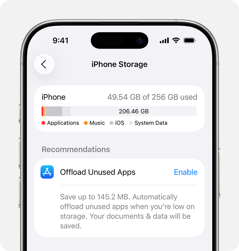 Mục iPhone Storage trên iOS 26 hiển thị recommendation và danh sách app chiếm dung lượng