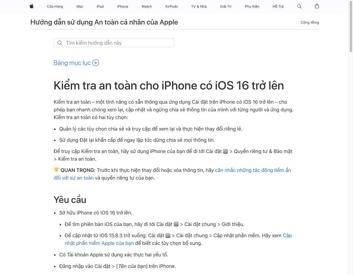 Ảnh chụp từ trang Apple Support giới thiệu Safety Check trên iPhone và đường dẫn vào mục này trong Settings. Ảnh: Apple Support