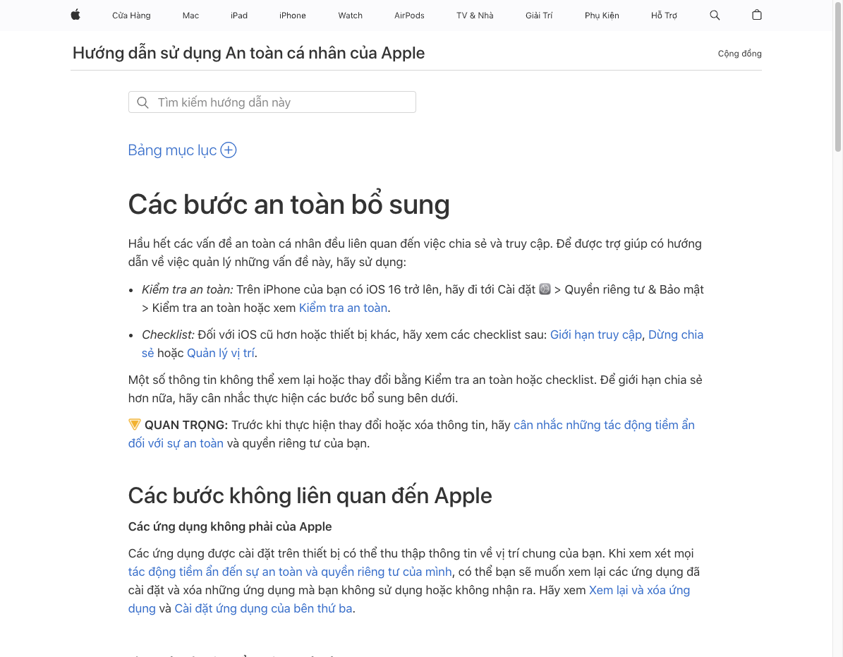 Trang Apple Support về các bước an toàn bổ sung nhắc người dùng tiếp tục rà các khu vực ngoài Safety Check nếu muốn dọn sâu hơn. Ảnh: Apple Support
