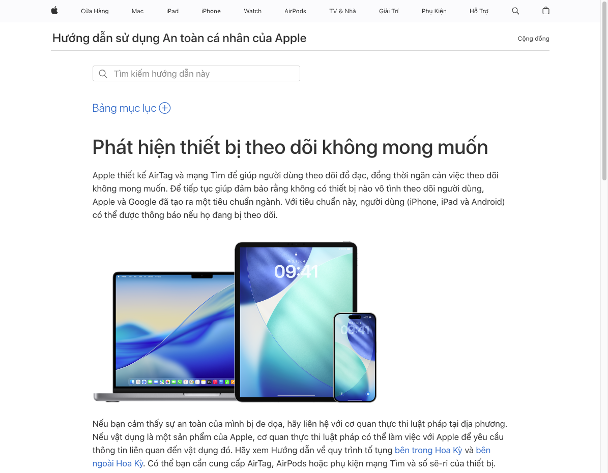 Trang Apple Support về phát hiện thiết bị theo dõi không mong muốn trong hệ sinh thái Find My. Ảnh: Apple Support